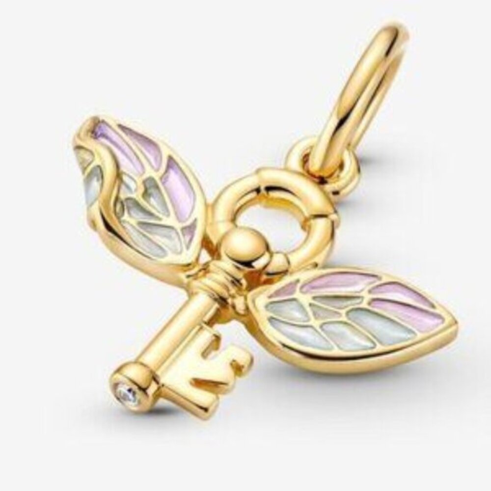 Pandora Gold Key Charm with Pink and White Enamel Wings